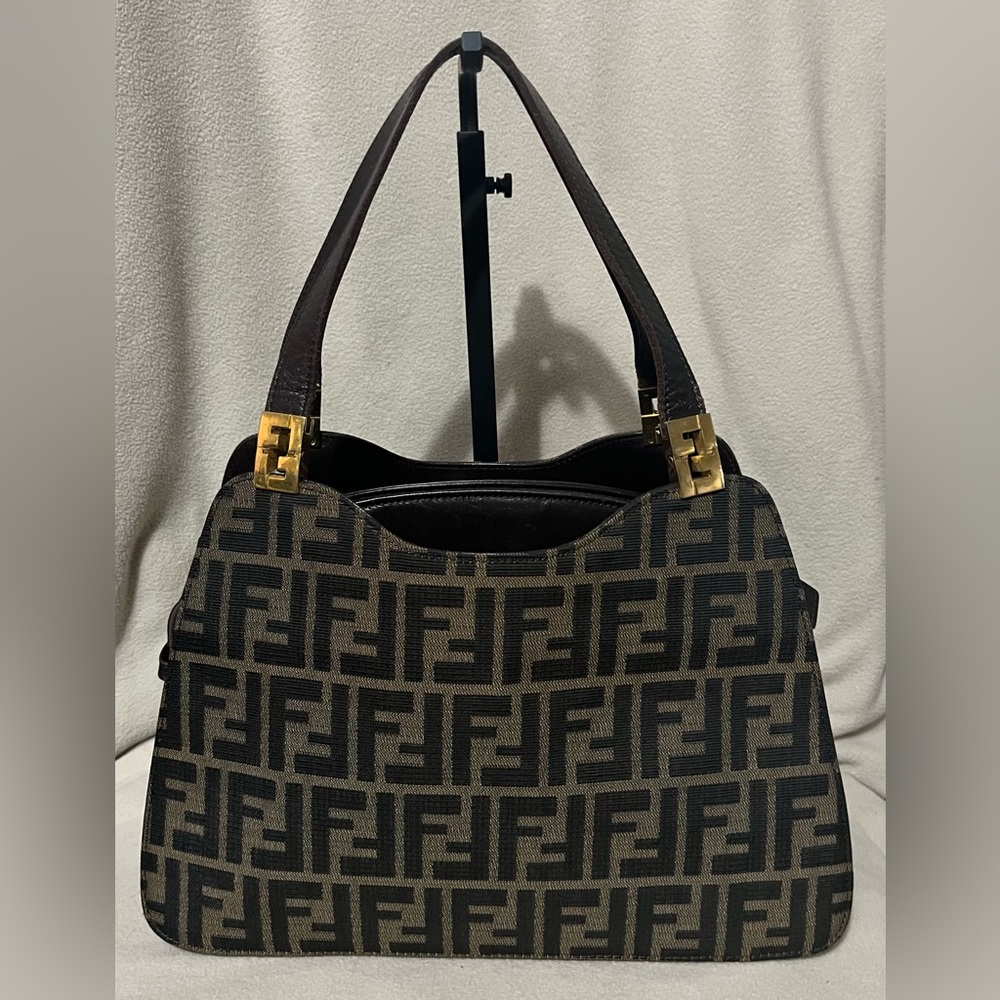 Fendi Zucca Canvas Accordion Shoulder Bag Brown FF Monogram Gold Hardware w/COA